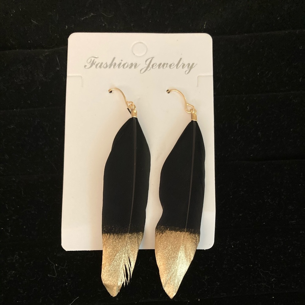 Black and Gold feather drop Earring
